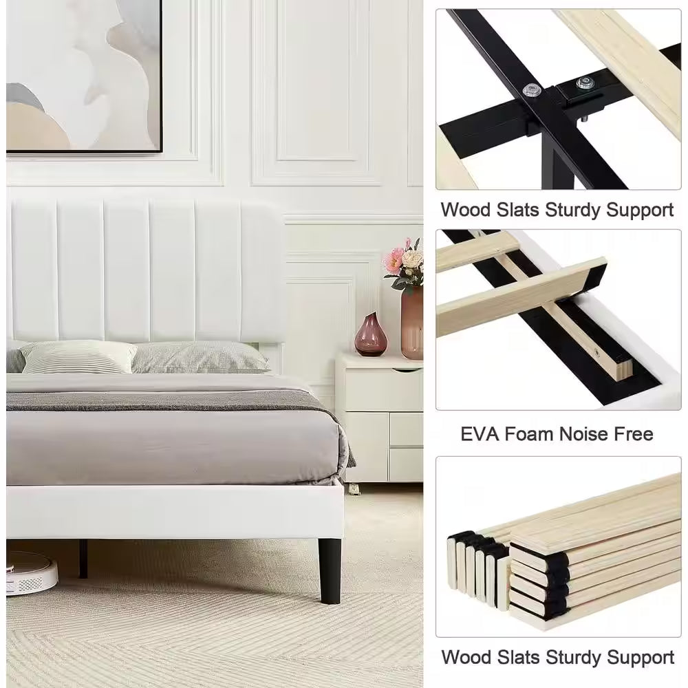 Upholstered Bed, White Queen Bed Platform Bed Frame with Adjustable Headboard, Strong Wooden Slats Support Bed Frame