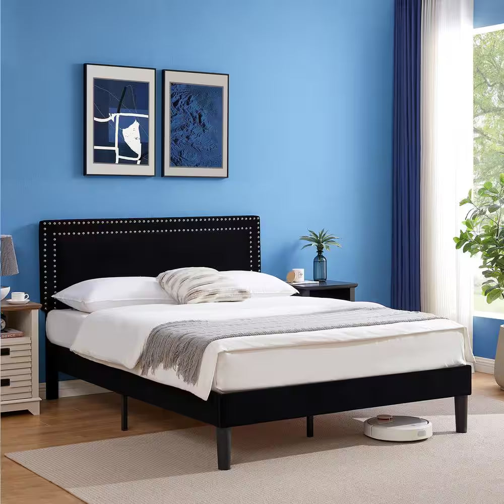 Upholstered Bed with Adjustable Headboard, No Box Spring Needed Platform Bed Frame, Bed Frame Black Full Bed