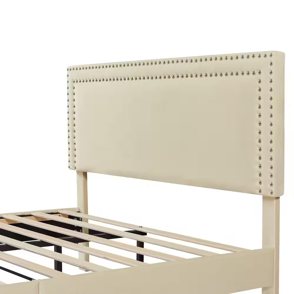 Upholstered Bed with Adjustable Headboard, No Box Spring Needed Platform Bed Frame, Bed Frame Beige Queen Bed