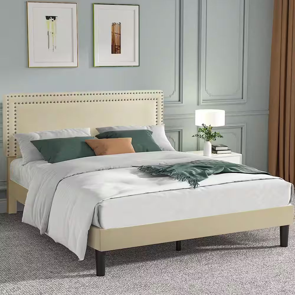 Upholstered Bed with Adjustable Headboard, No Box Spring Needed Platform Bed Frame, Bed Frame Beige Queen Bed