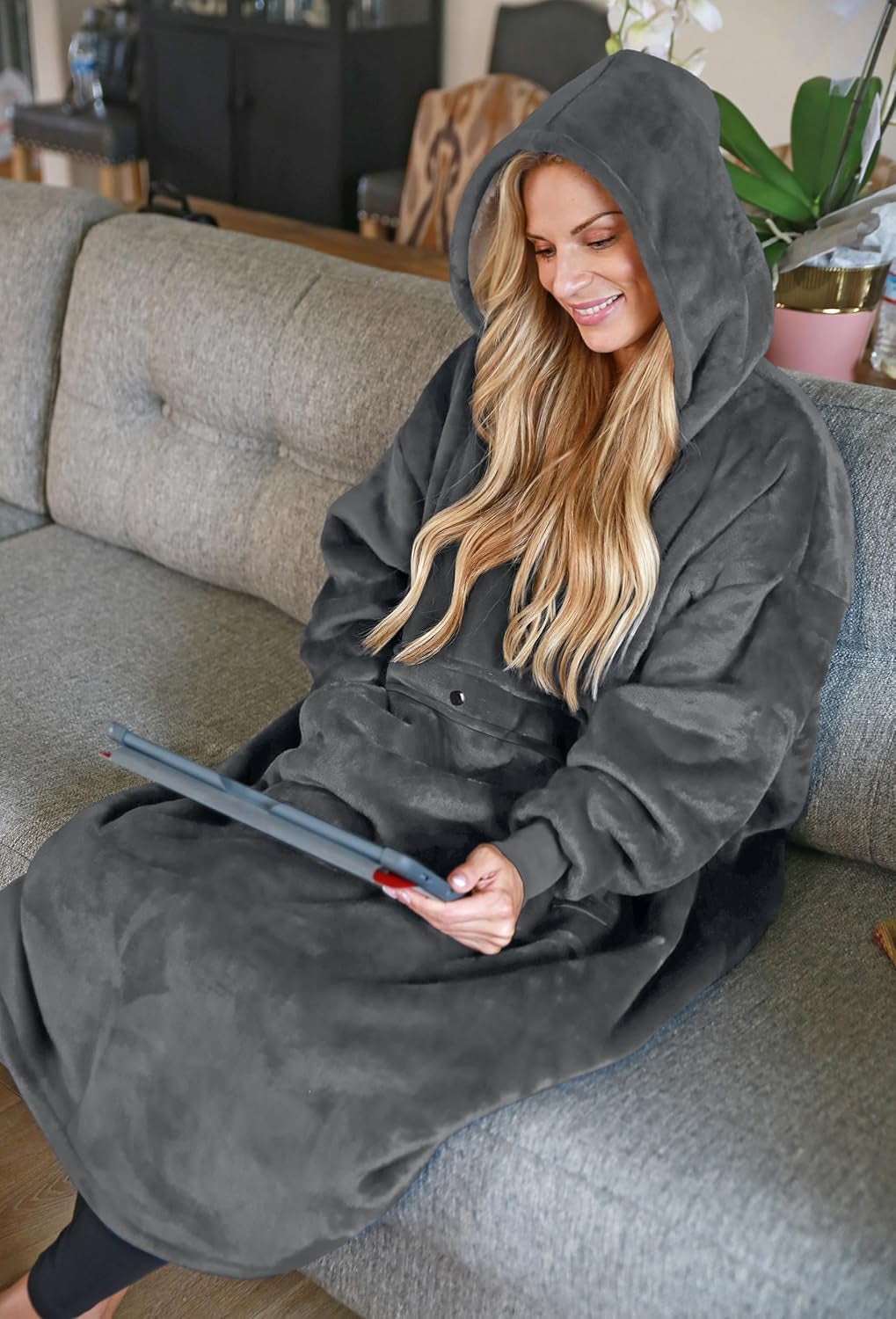 Extra Long Oversized Hoodie Blanket Sweatshirt Comfortable Sherpa Giant Wearable Blankets Christmas Gifts for Adults Men Women Teenagers Wife Girlfriend Grey