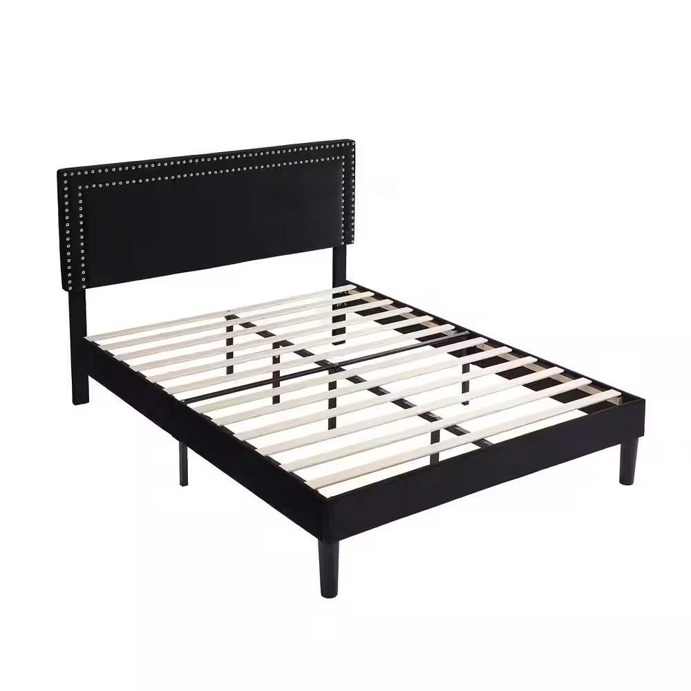 Upholstered Bed with Adjustable Headboard, No Box Spring Needed Platform Bed Frame, Bed Frame Black Full Bed