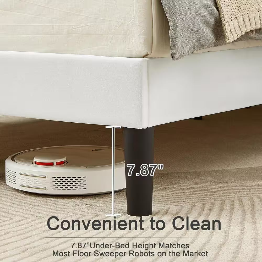 Upholstered Bed, White Queen Bed Platform Bed Frame with Adjustable Headboard, Strong Wooden Slats Support Bed Frame