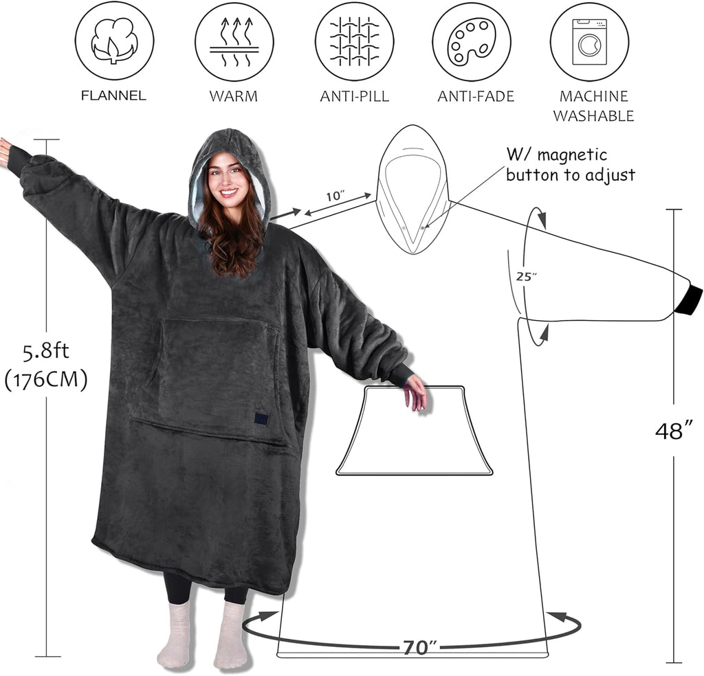 Extra Long Oversized Hoodie Blanket Sweatshirt Comfortable Sherpa Giant Wearable Blankets Christmas Gifts for Adults Men Women Teenagers Wife Girlfriend Grey