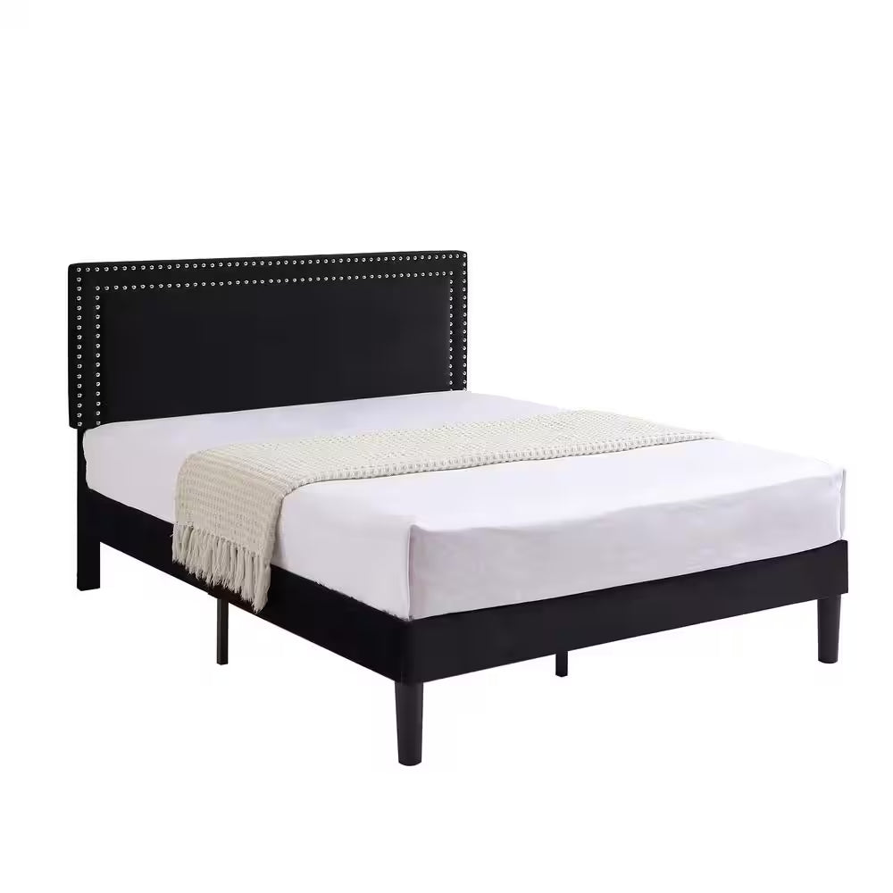 Upholstered Bed with Adjustable Headboard, No Box Spring Needed Platform Bed Frame, Bed Frame Black Full Bed