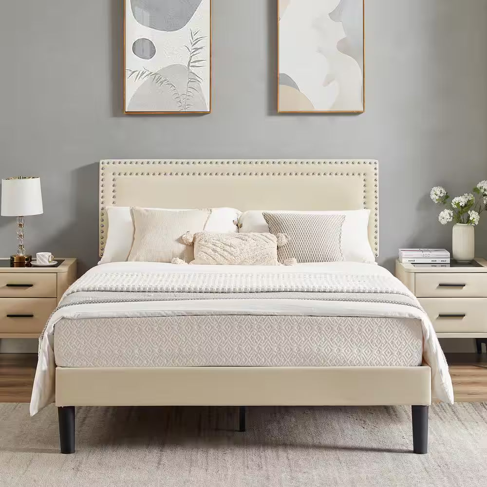 Upholstered Bed with Adjustable Headboard, No Box Spring Needed Platform Bed Frame, Bed Frame Beige Queen Bed