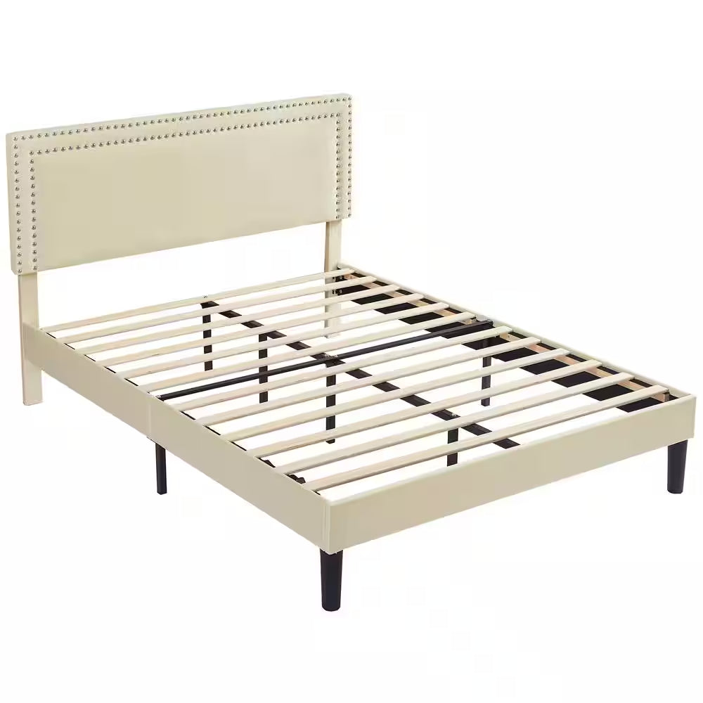 Upholstered Bed with Adjustable Headboard, No Box Spring Needed Platform Bed Frame, Bed Frame Beige Queen Bed