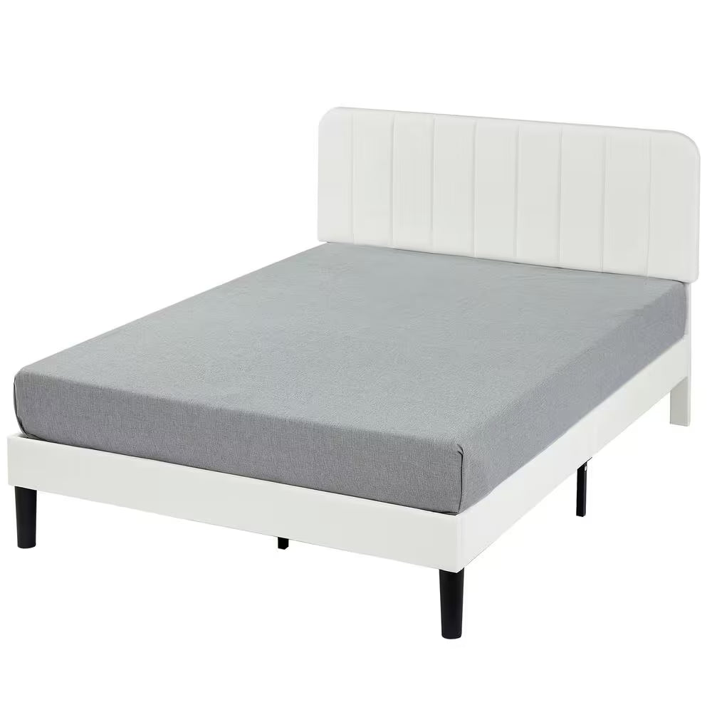 Upholstered Bed, White Queen Bed Platform Bed Frame with Adjustable Headboard, Strong Wooden Slats Support Bed Frame