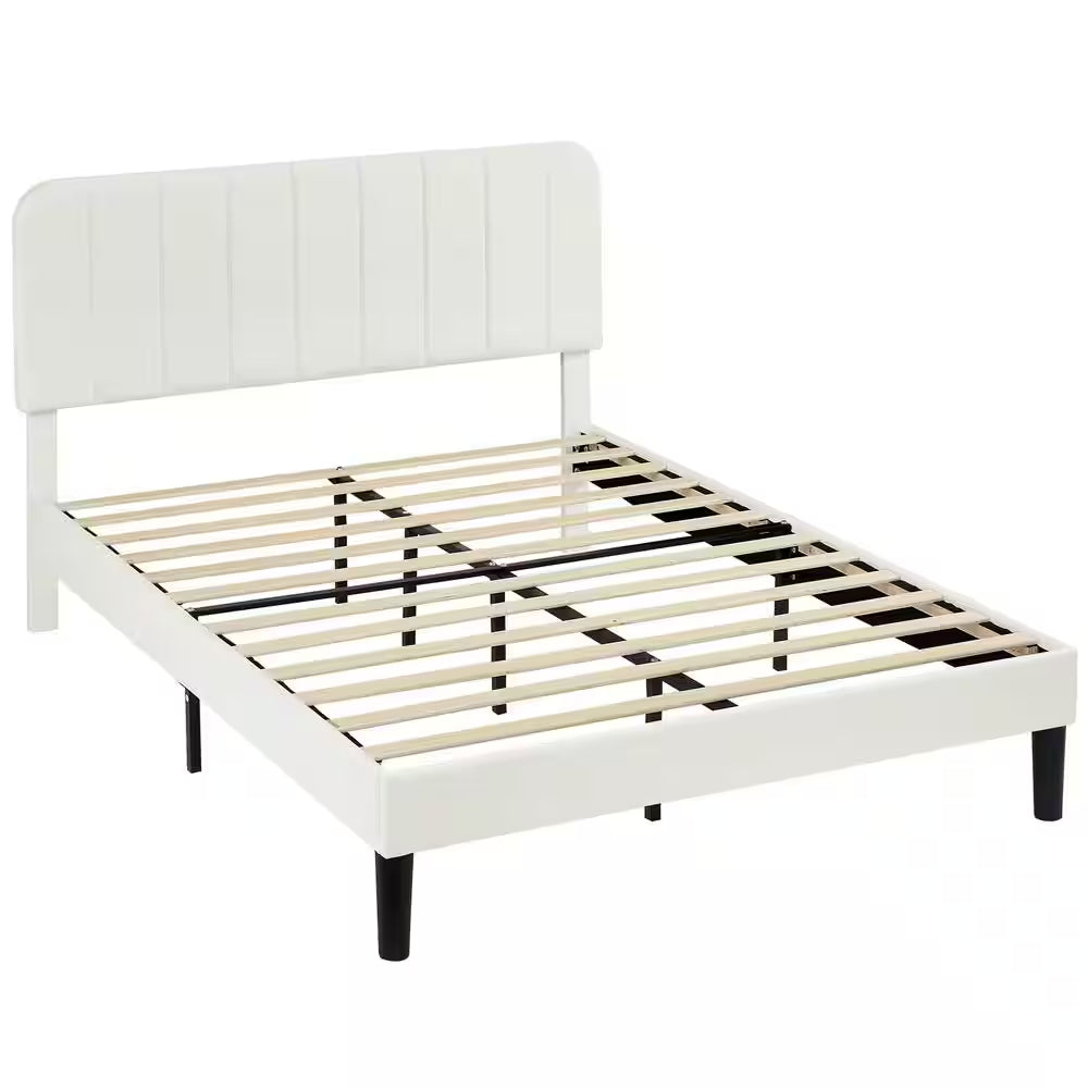 Upholstered Bed, White Queen Bed Platform Bed Frame with Adjustable Headboard, Strong Wooden Slats Support Bed Frame