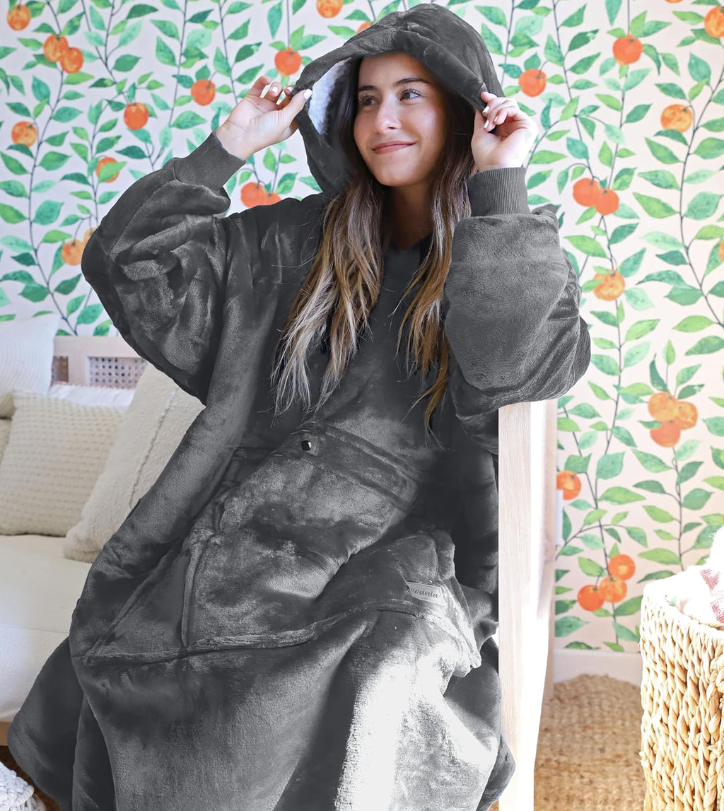 Extra Long Oversized Hoodie Blanket Sweatshirt Comfortable Sherpa Giant Wearable Blankets Christmas Gifts for Adults Men Women Teenagers Wife Girlfriend Grey