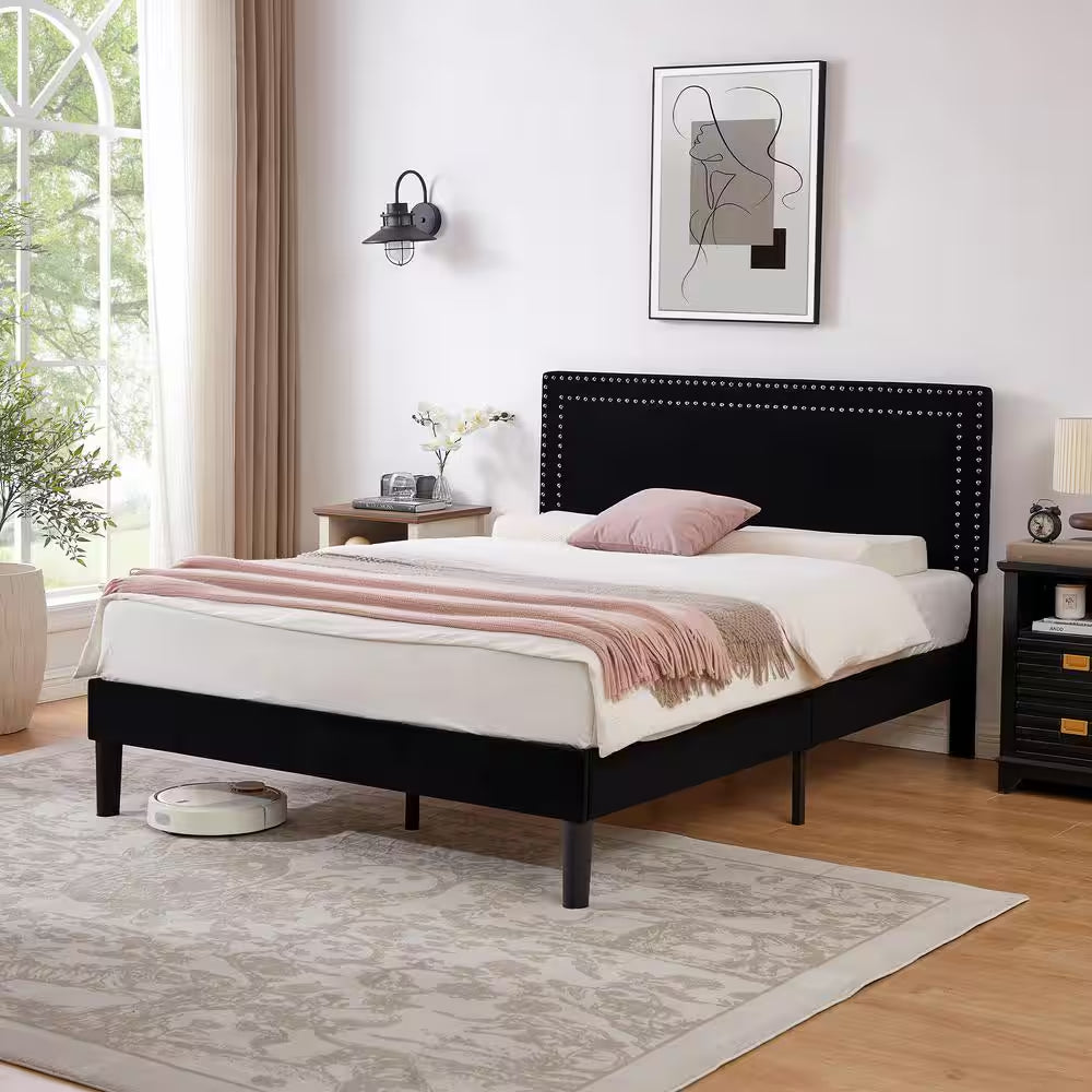 Upholstered Bed with Adjustable Headboard, No Box Spring Needed Platform Bed Frame, Bed Frame Black Full Bed