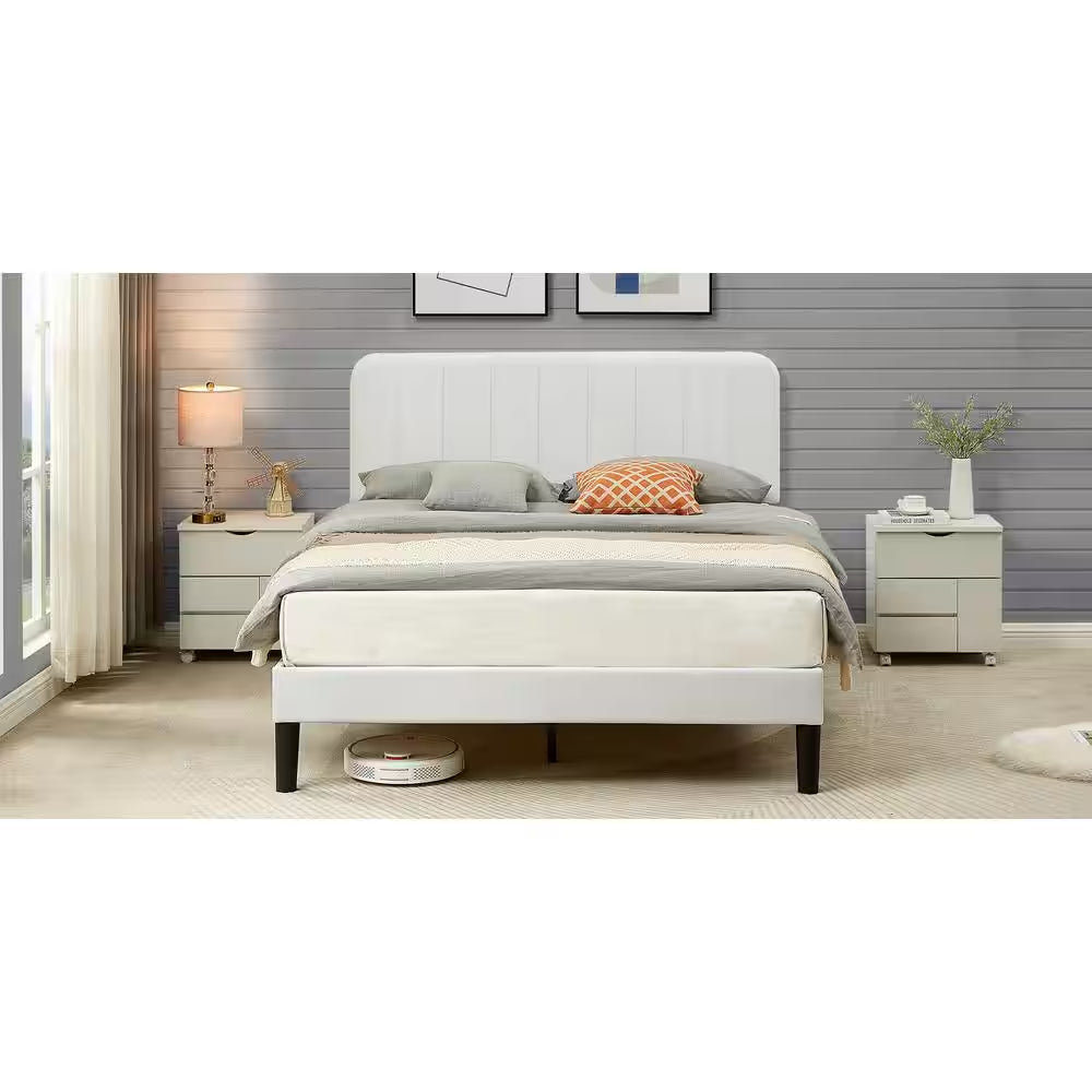 Upholstered Bed, White Queen Bed Platform Bed Frame with Adjustable Headboard, Strong Wooden Slats Support Bed Frame