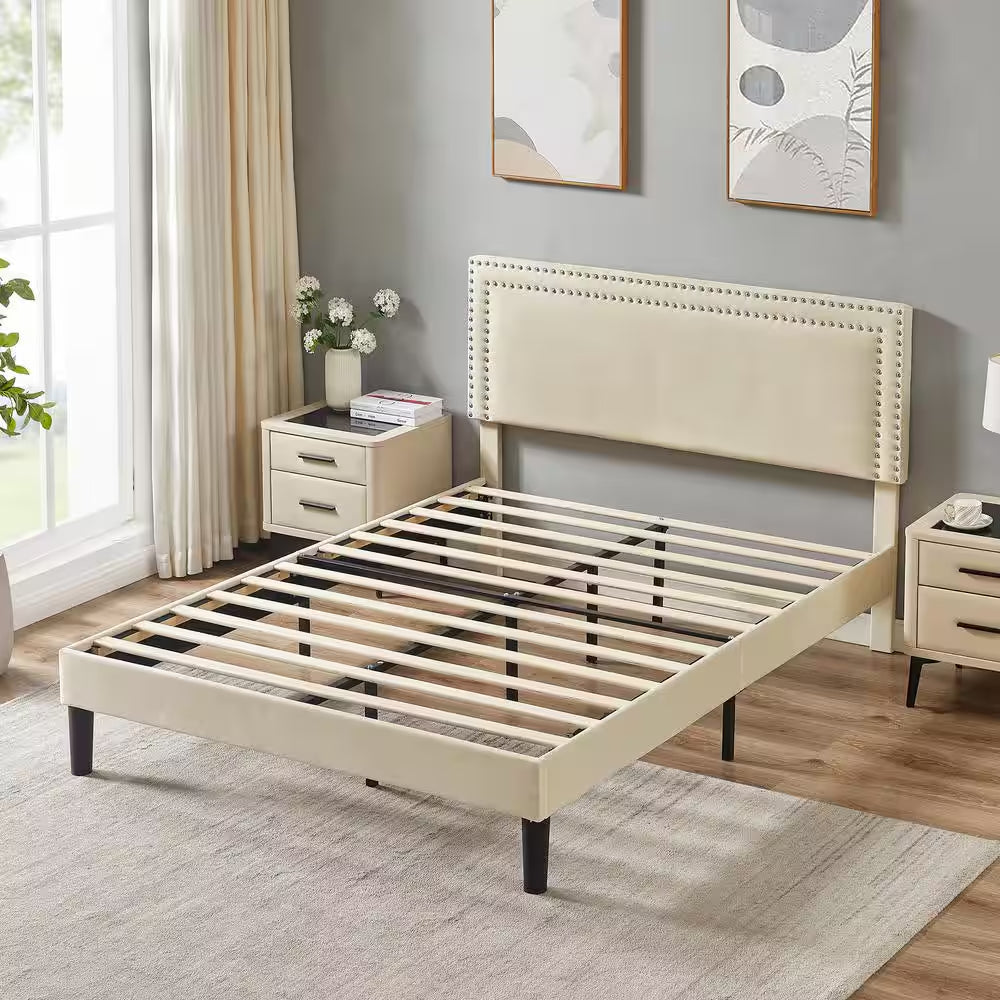 Upholstered Bed with Adjustable Headboard, No Box Spring Needed Platform Bed Frame, Bed Frame Beige Queen Bed