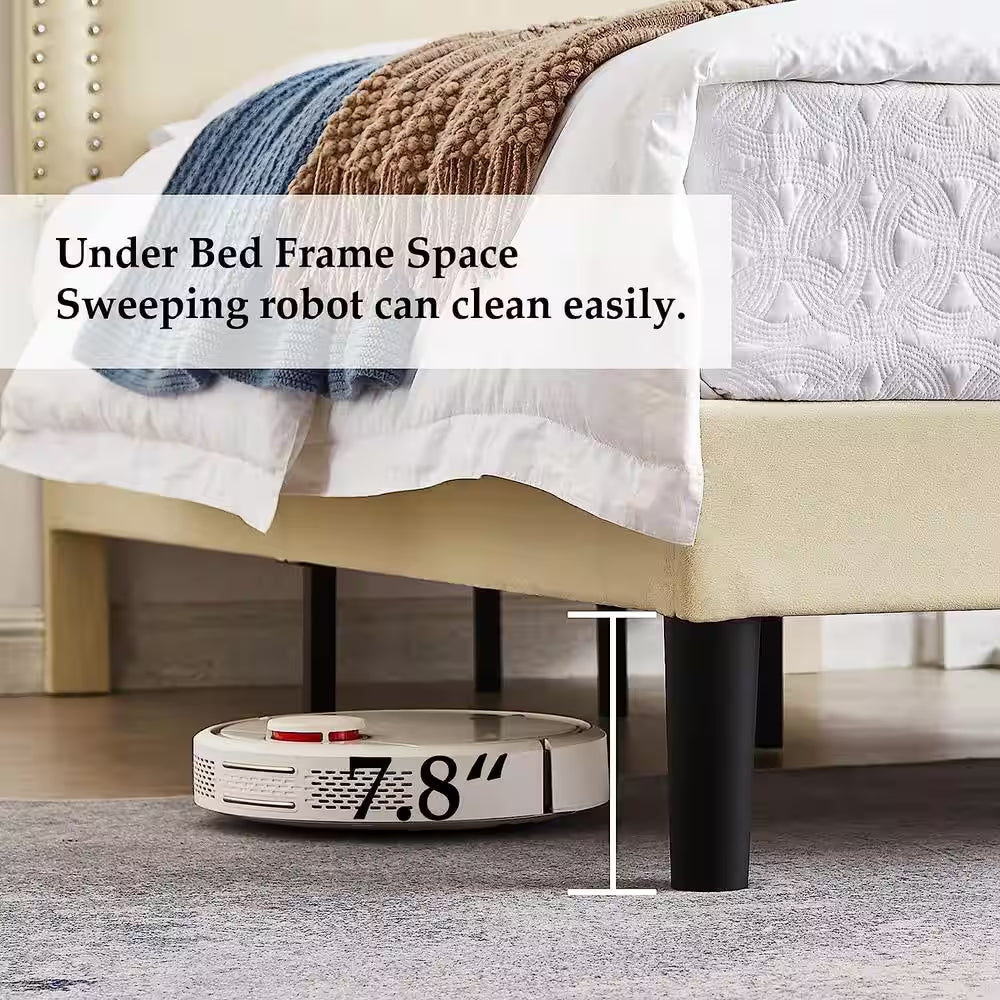 Upholstered Bed with Adjustable Headboard, No Box Spring Needed Platform Bed Frame, Bed Frame Beige Queen Bed