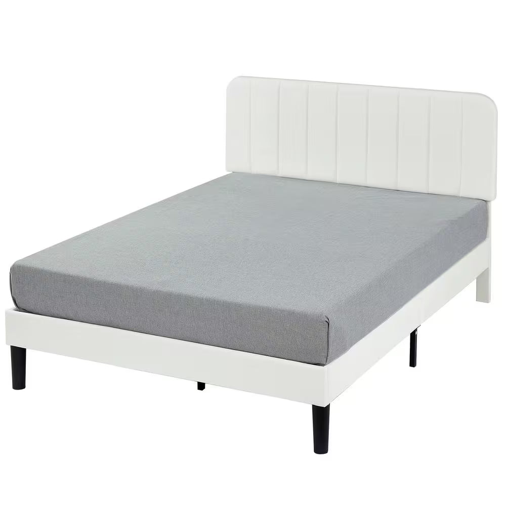 Upholstered Bed, White Queen Bed Platform Bed Frame with Adjustable Headboard, Strong Wooden Slats Support Bed Frame