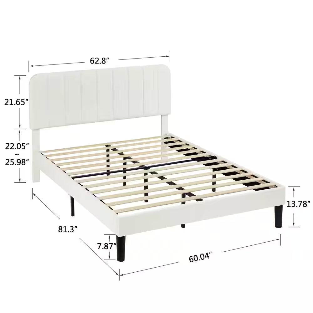 Upholstered Bed, White Queen Bed Platform Bed Frame with Adjustable Headboard, Strong Wooden Slats Support Bed Frame