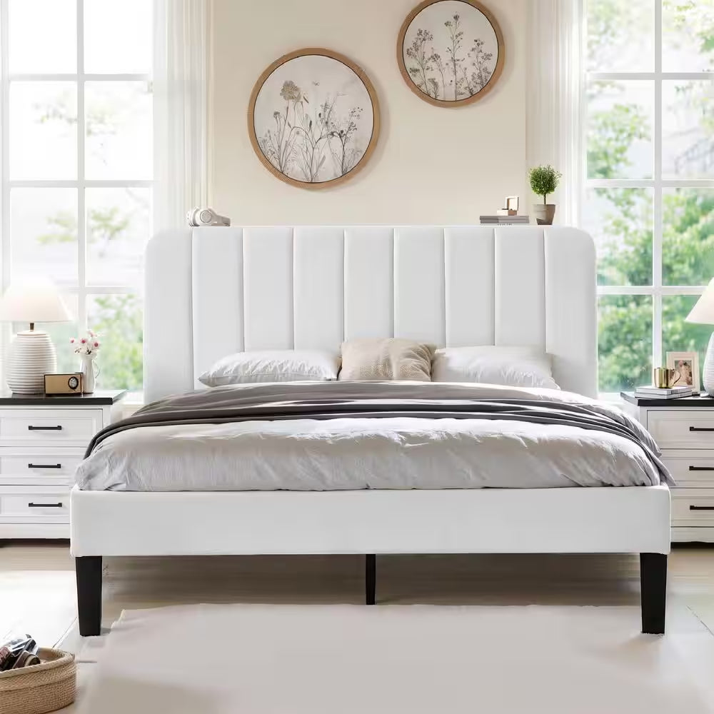 Upholstered Bed, White Queen Bed Platform Bed Frame with Adjustable Headboard, Strong Wooden Slats Support Bed Frame