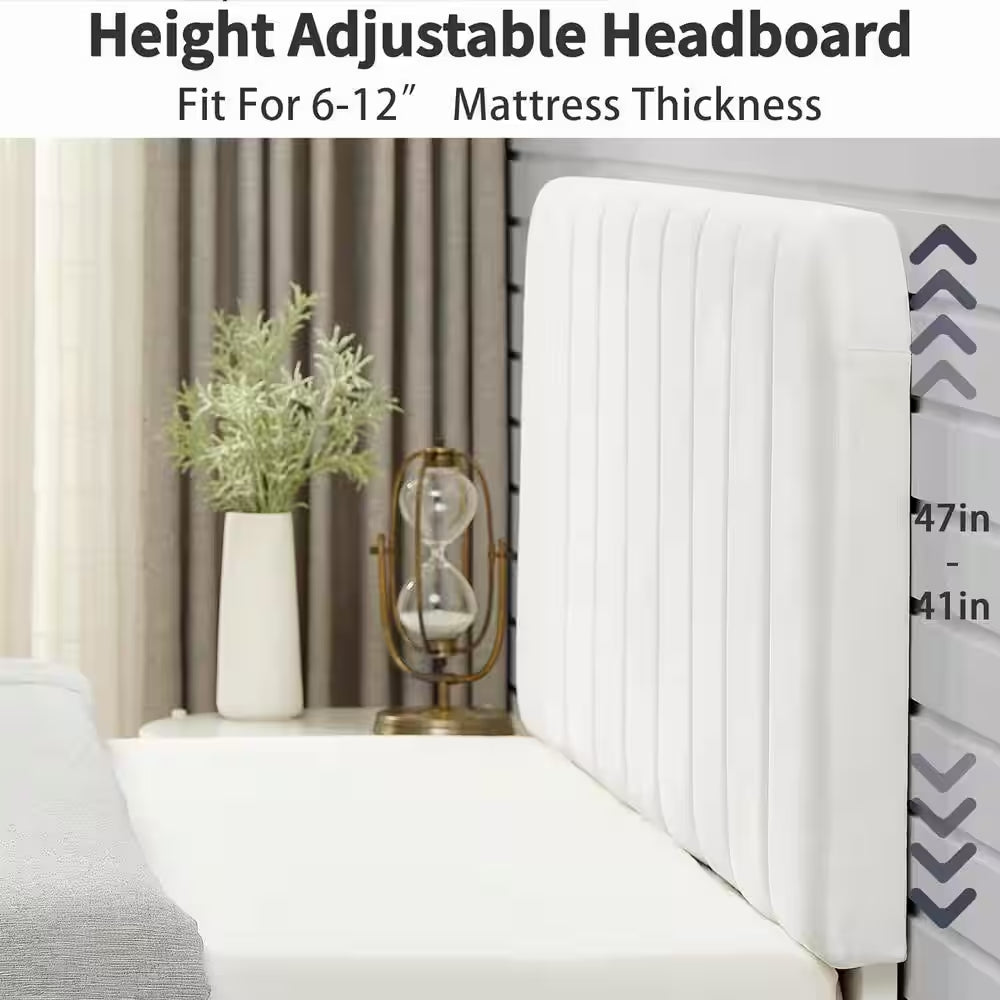 Upholstered Bed, White Queen Bed Platform Bed Frame with Adjustable Headboard, Strong Wooden Slats Support Bed Frame