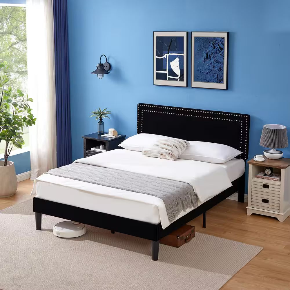 Upholstered Bed with Adjustable Headboard, No Box Spring Needed Platform Bed Frame, Bed Frame Black Full Bed